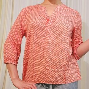 Anne Carson Orange, V Neck Patterned Blouse